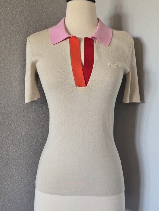 Lacoste Tops - NWOT Lacoste Cream Polo Pink Red Orange Colorblock Collared Top 34 Extra Small